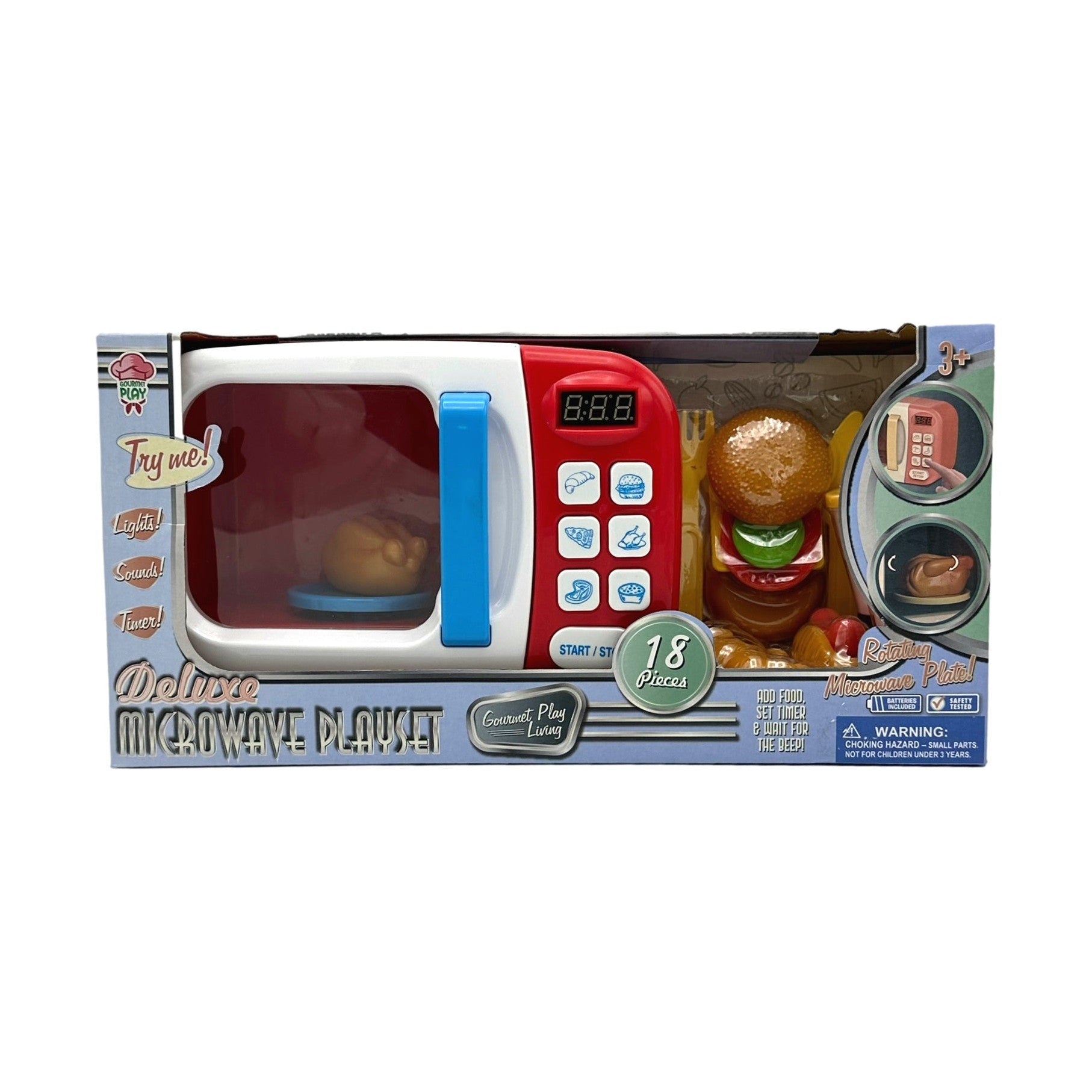 A toy microwave playset in its packaging.